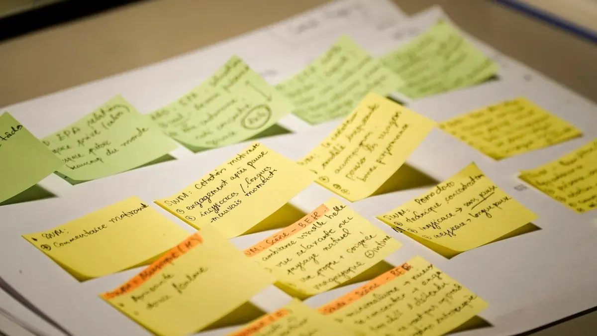 Handwritten research notes arranged on a table
