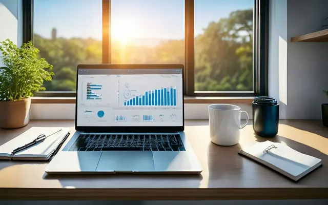 Illustrative laptop dashboard beside a sunny window