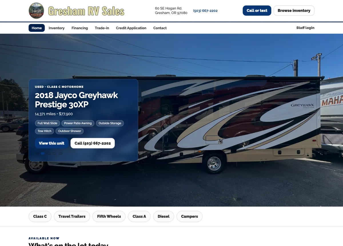 Gresham RV Sales inventory featuring a Jayco Greyhawk motorhome