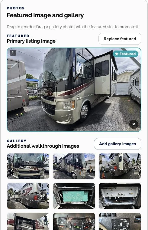 Vehicle photo management in the Gresham RV Sales inventory editor