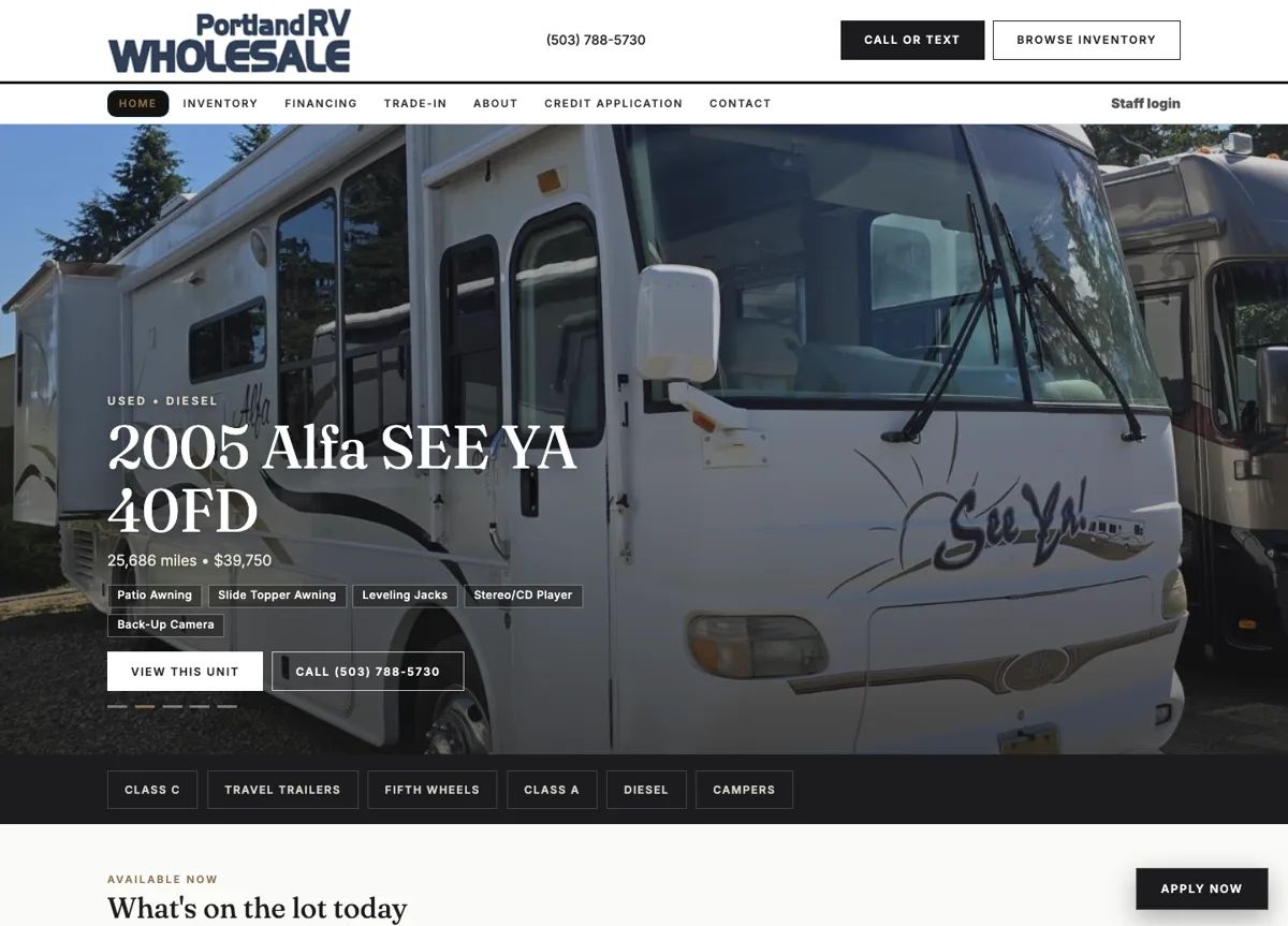 Portland RV Wholesale website
