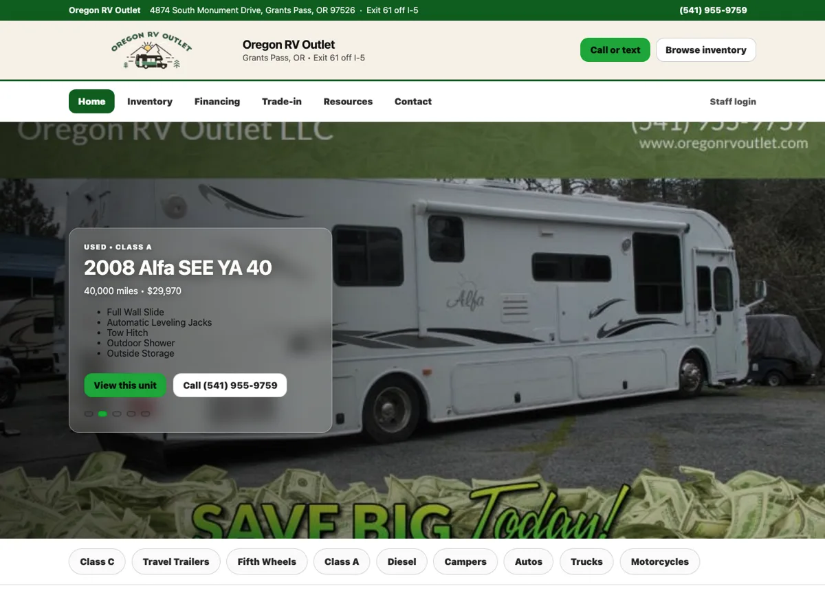 Oregon RV Outlet website built by Good Creations